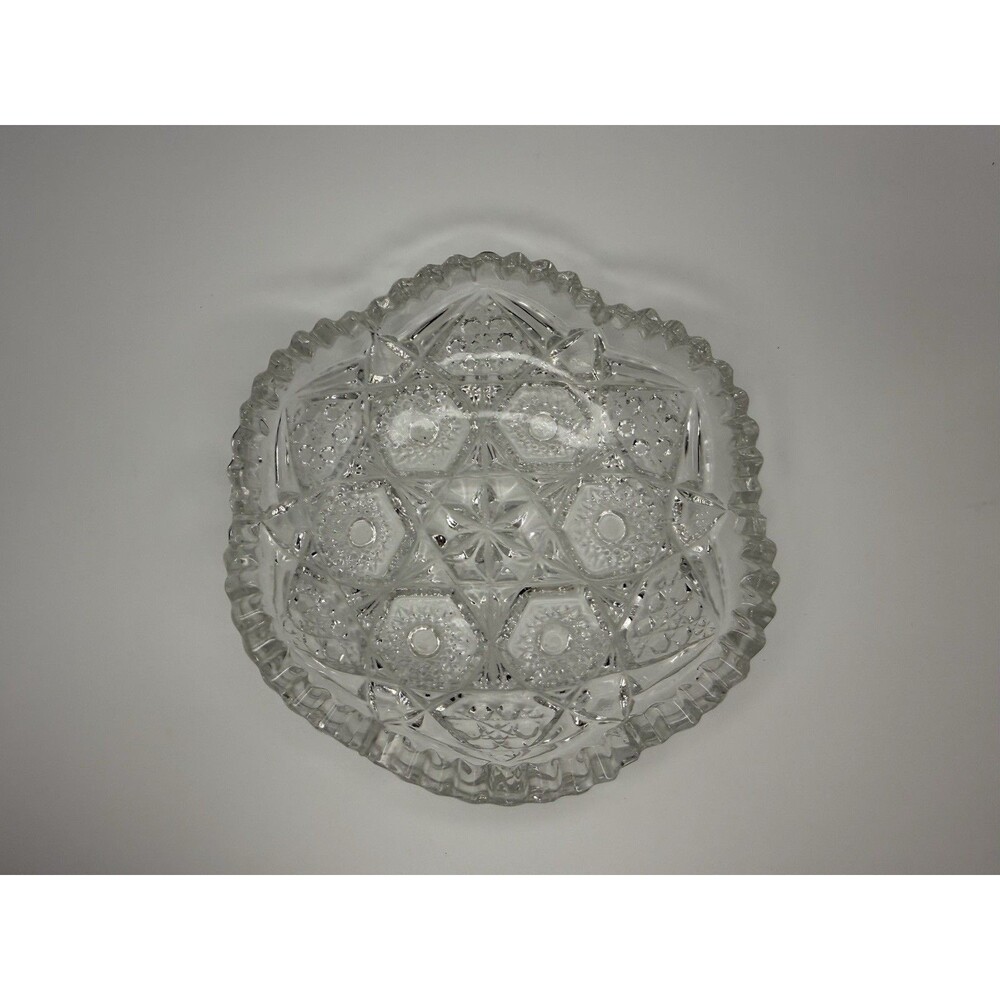 Antique EAPG Glass Bowl Star Cane Hobstar Pattern Sawtooth Rim Clear Berry Dish